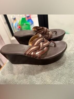 BCBG Dark Brown and Tan Braided Wedge Sandals